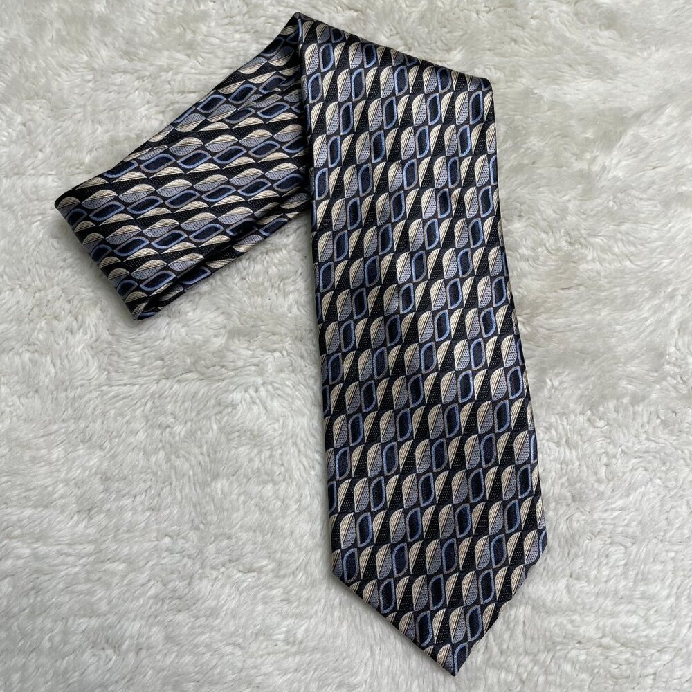 Ermenegildo Zegna Men's Blue Cream Geometric Print 100% Silk Tie One Size